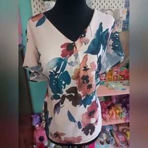 a new day Cream Floral V‑Neck Blouse with Teal & Rust Accents